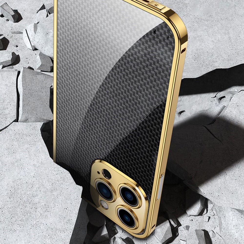 For iPhone 11 Pro Max 6.5 inch Stainless Steel Bumper Case with Carbon Fiber Aramid Fiber Back Film with Metal Lens Protector - Gold-3
