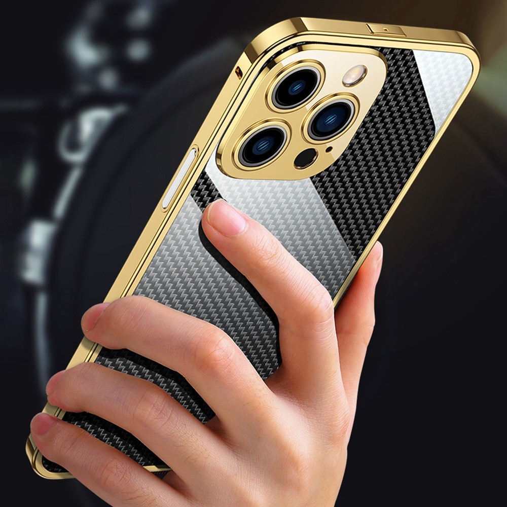 For iPhone 11 Pro Max 6.5 inch Stainless Steel Bumper Case with Carbon Fiber Aramid Fiber Back Film with Metal Lens Protector - Gold-5