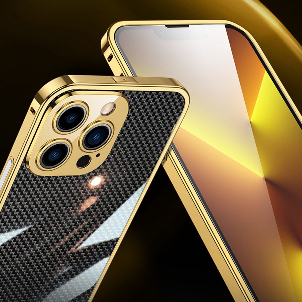 For iPhone 12 Pro Max 6.7 inch Metal Lens Protector Phone Stainless Steel Frame Bumper Case with Carbon Fiber Aramid Fiber Back Film - Multi-color-2