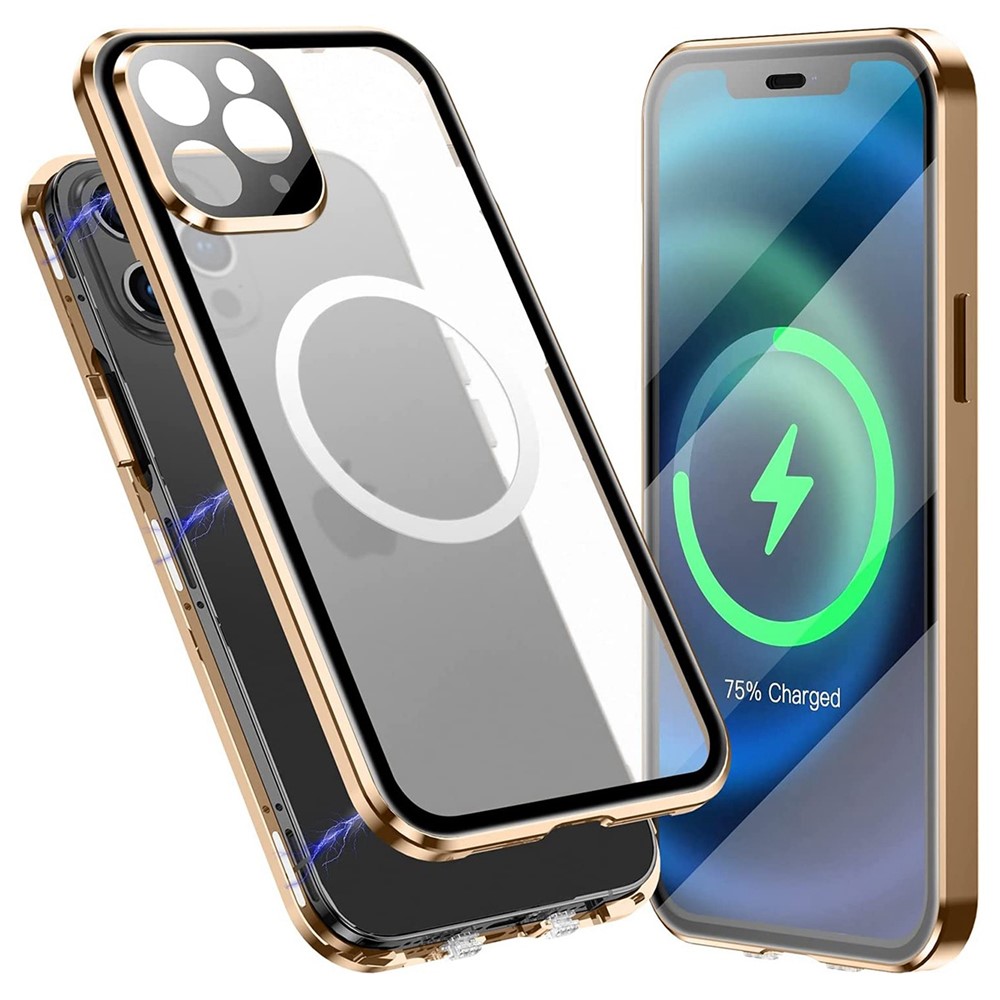 For iPhone 11 Pro Max 6.5 inch Magnetic Phone Case Matte Hard PC + Metal + Tempered Glass Anti-Fall Phone Cover Shockproof Case with Magnetic Lock - Gold