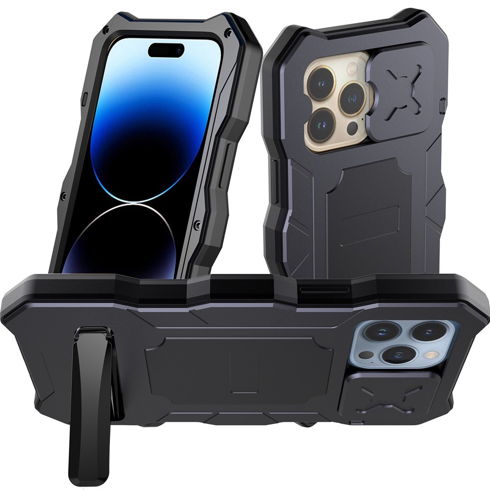 For iPhone 14 Pro Shockproof Phone Case Metal + Silicone Back Cover Kickstand with Tempered Glass Film - Black-1