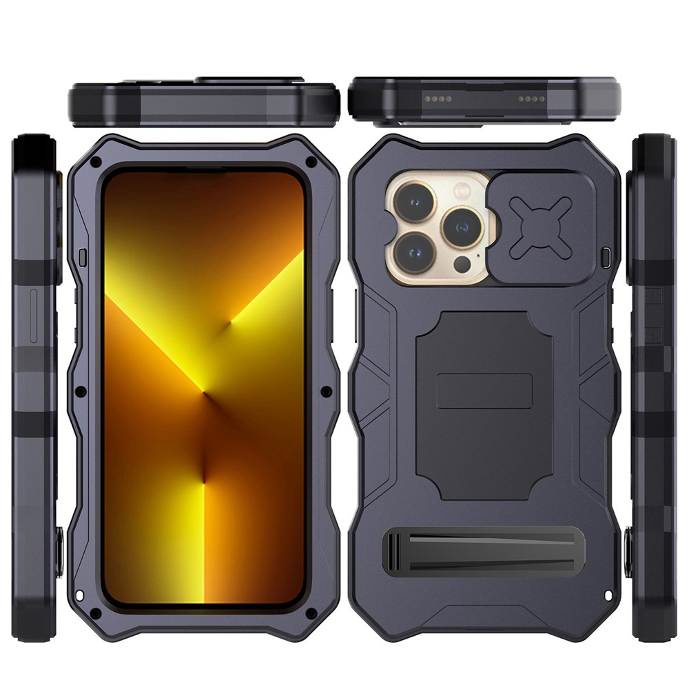 For iPhone 14 Pro Shockproof Phone Case Metal + Silicone Back Cover Kickstand with Tempered Glass Film - Black-10