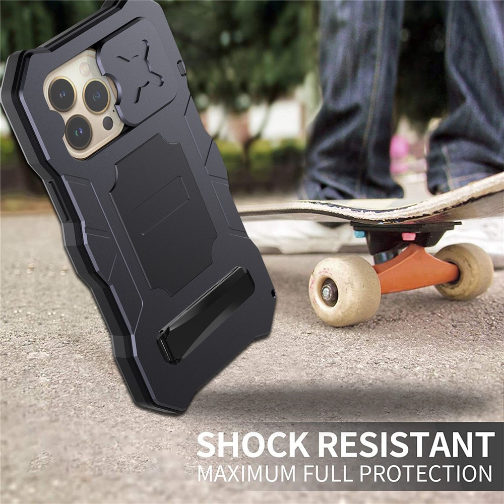 For iPhone 14 Pro Shockproof Phone Case Metal + Silicone Back Cover Kickstand with Tempered Glass Film - Black-3
