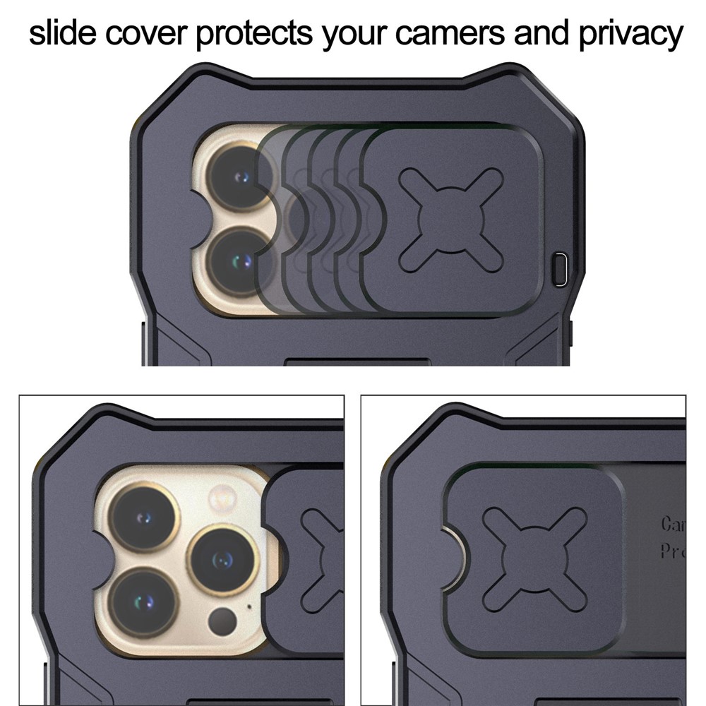 For iPhone 14 Pro Shockproof Phone Case Metal + Silicone Back Cover Kickstand with Tempered Glass Film - Black-4