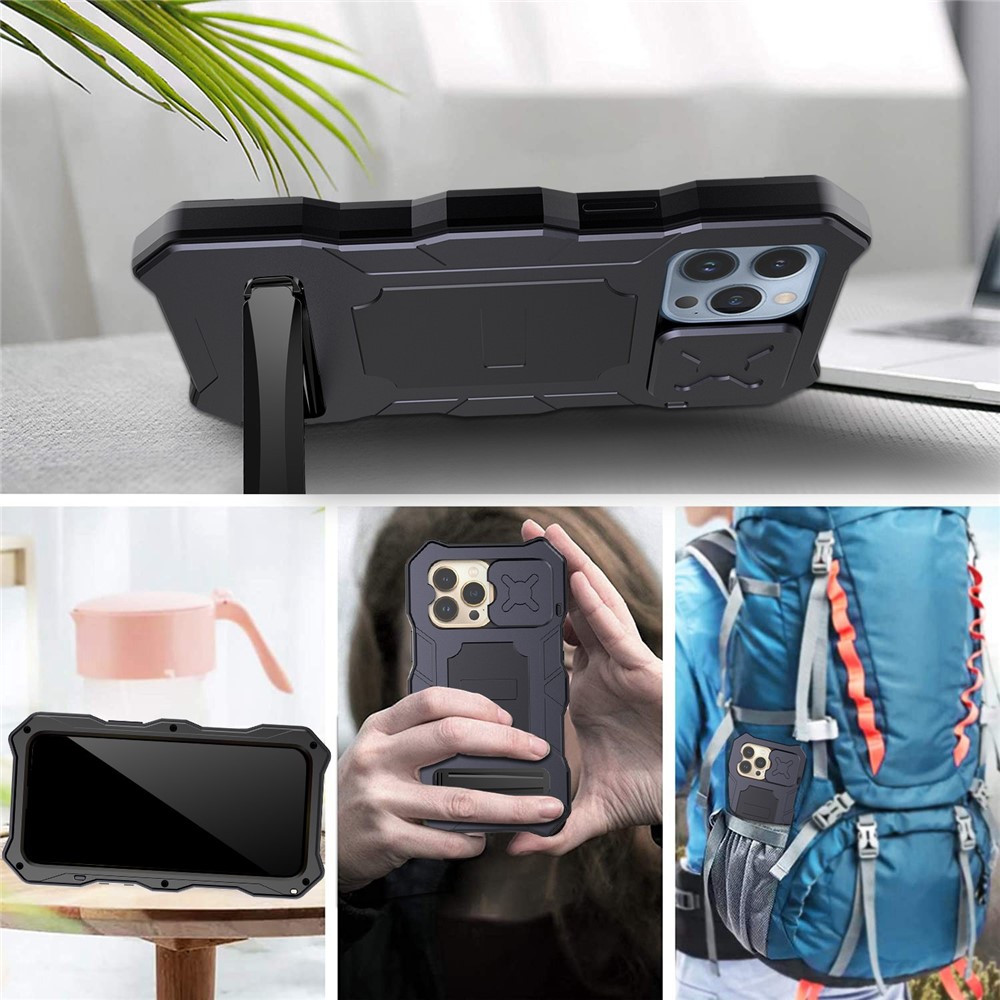 For iPhone 14 Pro Shockproof Phone Case Metal + Silicone Back Cover Kickstand with Tempered Glass Film - Black-5