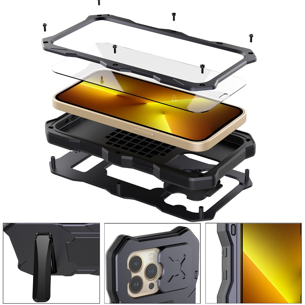 For iPhone 14 Pro Shockproof Phone Case Metal + Silicone Back Cover Kickstand with Tempered Glass Film - Black-9