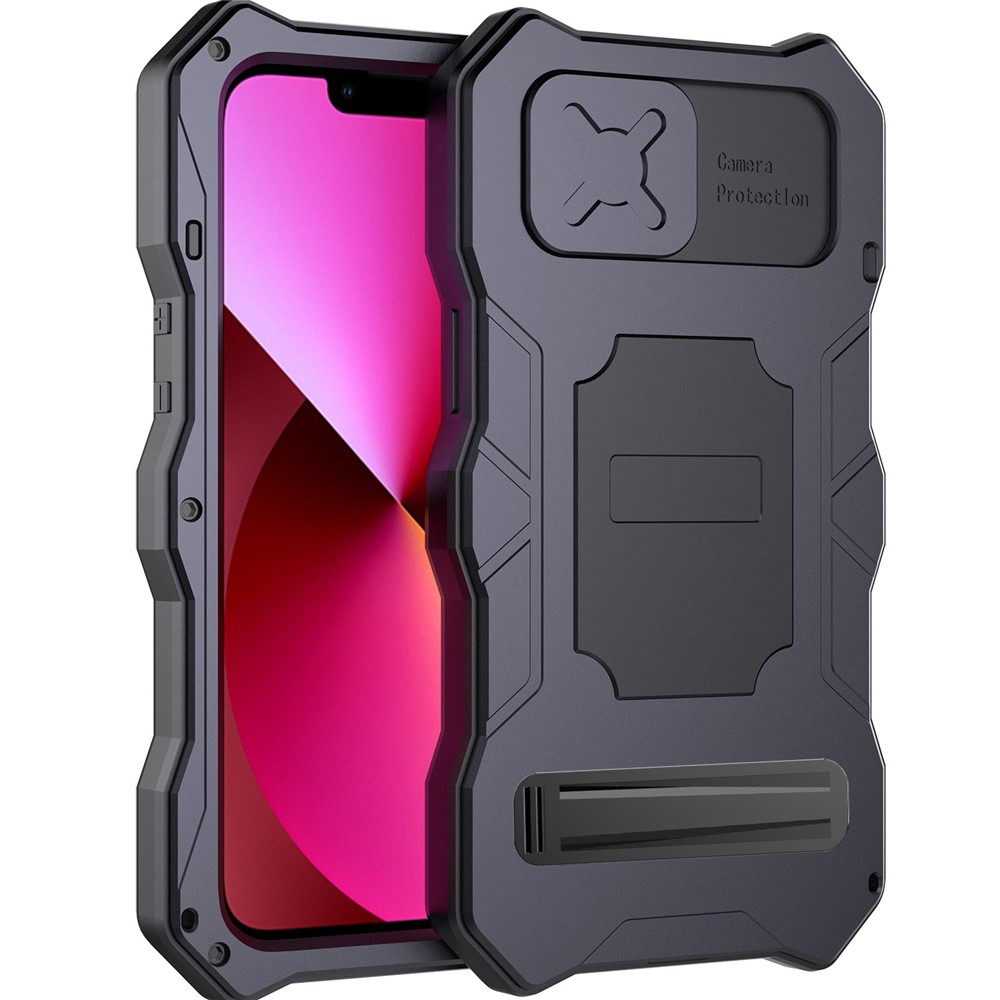 For iPhone 14 Anti-drop Phone Case Metal + Silicone Phone Shell Kickstand Lens Protection Sliding Cover with Tempered Glass Film - Black-2
