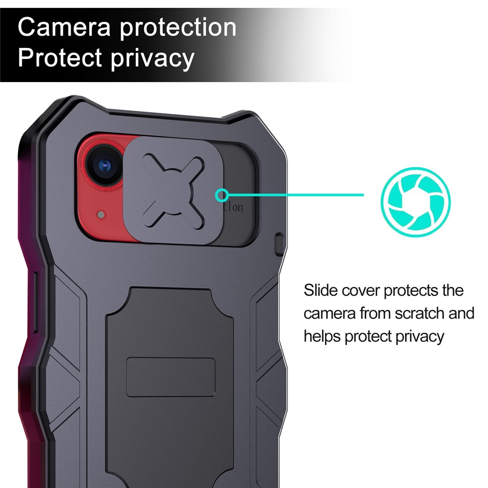 For iPhone 14 Anti-drop Phone Case Metal + Silicone Phone Shell Kickstand Lens Protection Sliding Cover with Tempered Glass Film - Black-5