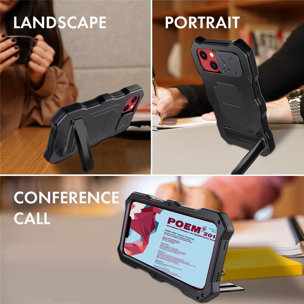 For iPhone 14 Anti-drop Phone Case Metal + Silicone Phone Shell Kickstand Lens Protection Sliding Cover with Tempered Glass Film - Black-8