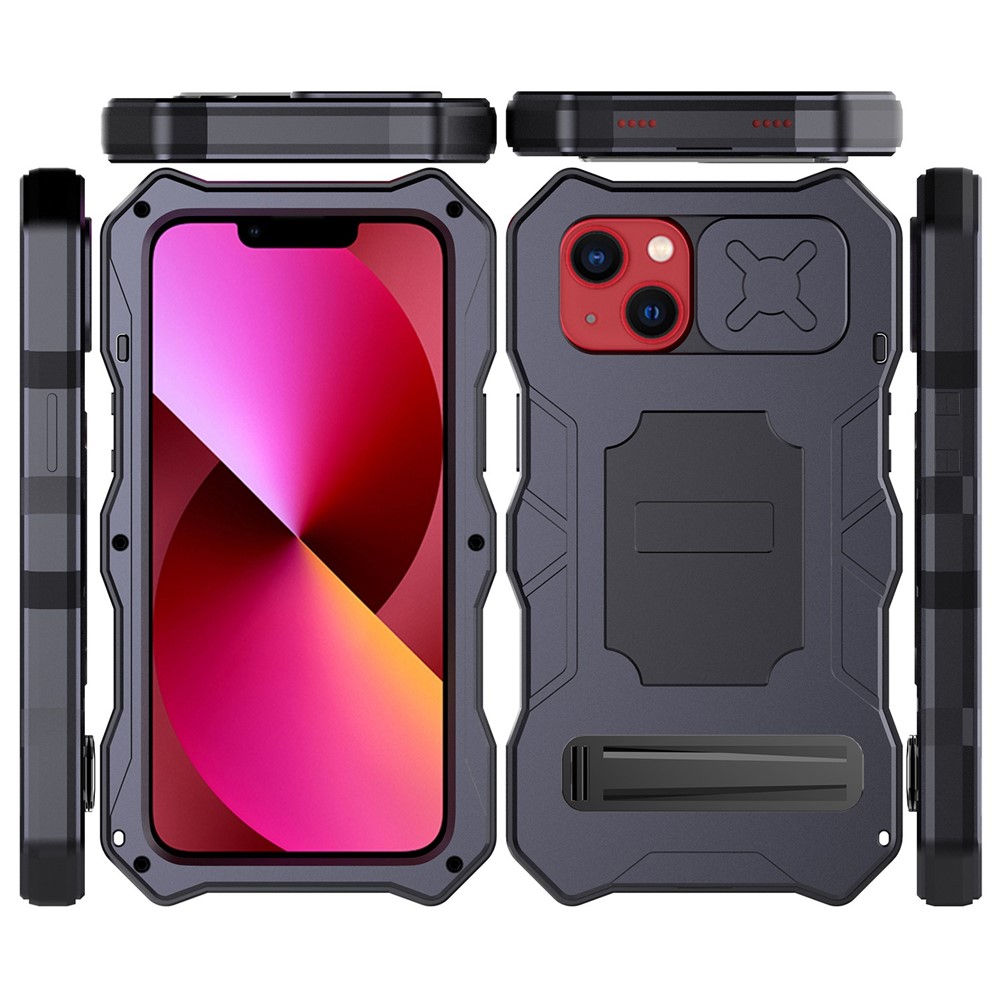 For iPhone 14 Anti-drop Phone Case Metal + Silicone Phone Shell Kickstand Lens Protection Sliding Cover with Tempered Glass Film - Black-9