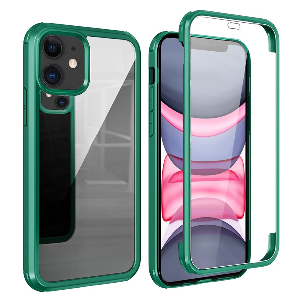 For iPhone 11 Clear Phone Case Double Side Tempered Glass + Silicone Frame Protective Cover - Midnight Green