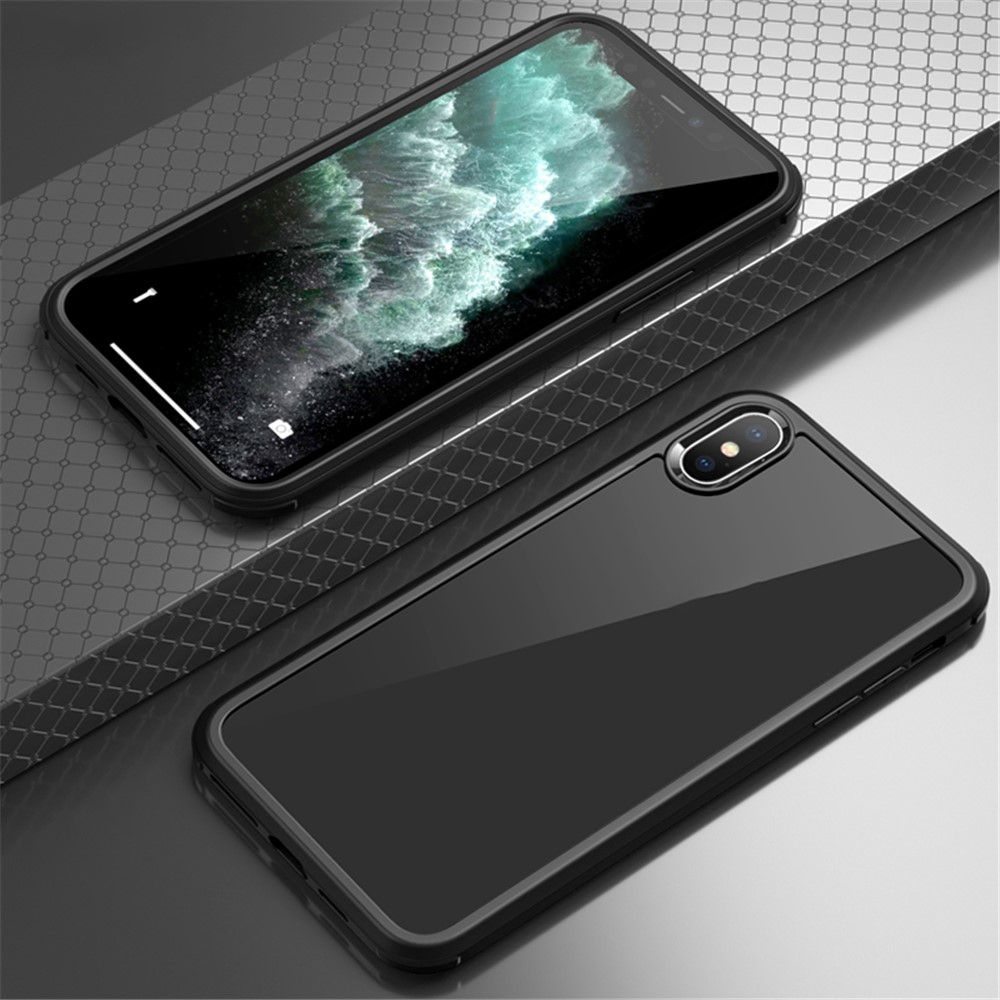 For iPhone XS Double-Sided Tempered Glass Phone Case Silicone Frame Shockproof Cover - Black