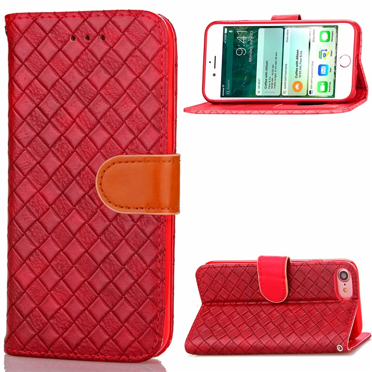 

Woven Pattern Wallet Stand Leather Flip Cover for iPhone 8 / 7 4.7 inch with Wrist Strap - Red
