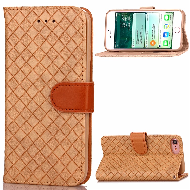

Woven Pattern Magnetic Leather Wallet Stand Case for iPhone 8 / 7 4.7 inch with Wrist Strap - Khaki