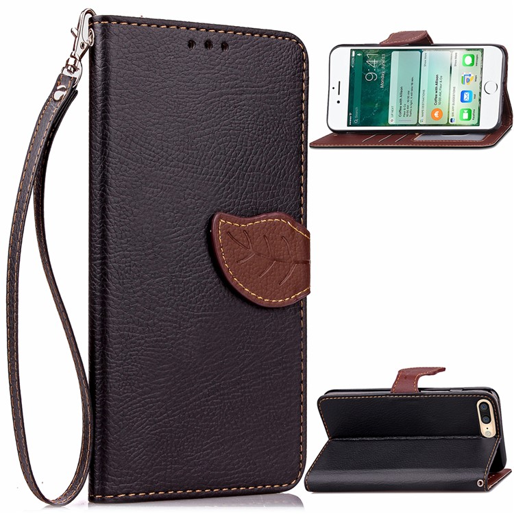 Folha Magnética Em Forma De Folha Capa De Couro Wallet Caso Para Iphone 8 Plus / 7 Mais 5,5 Polegadas - Preto-1