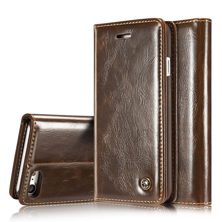 CASEME Oil Wax Leather Wallet Cover para iPhone 8 / 7 4.7 inch com suporte - Castanho-1