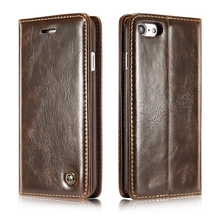 CASEME Oil Wax Leather Wallet Cover para iPhone 8 / 7 4.7 inch com suporte - Castanho-14
