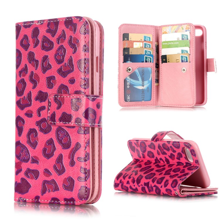 

9 Card Slots Patterned Leather Magnet Wallet Stand Protective Case for iPhone 8 / 7 4.7 inch - Rose Leopard Pattern