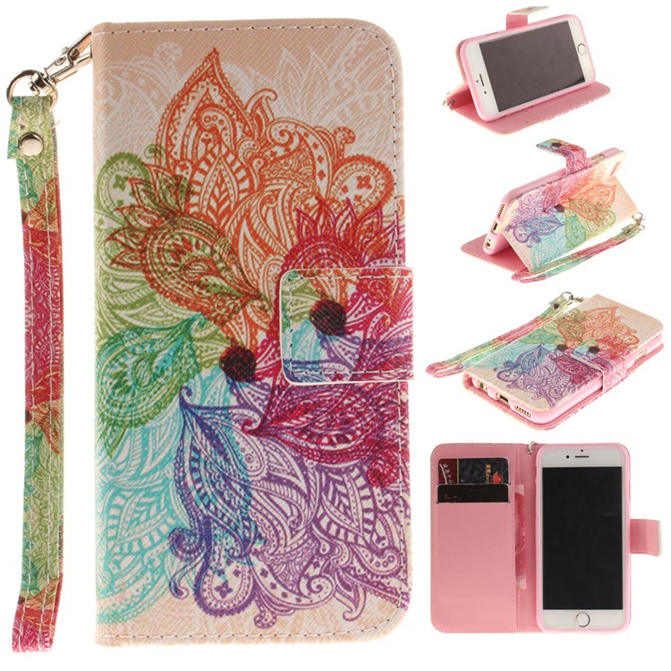 

Leather Cover Stand Card Holder with Wrist Strap for iPhone 6s 6 4.7 - Paisley Flower