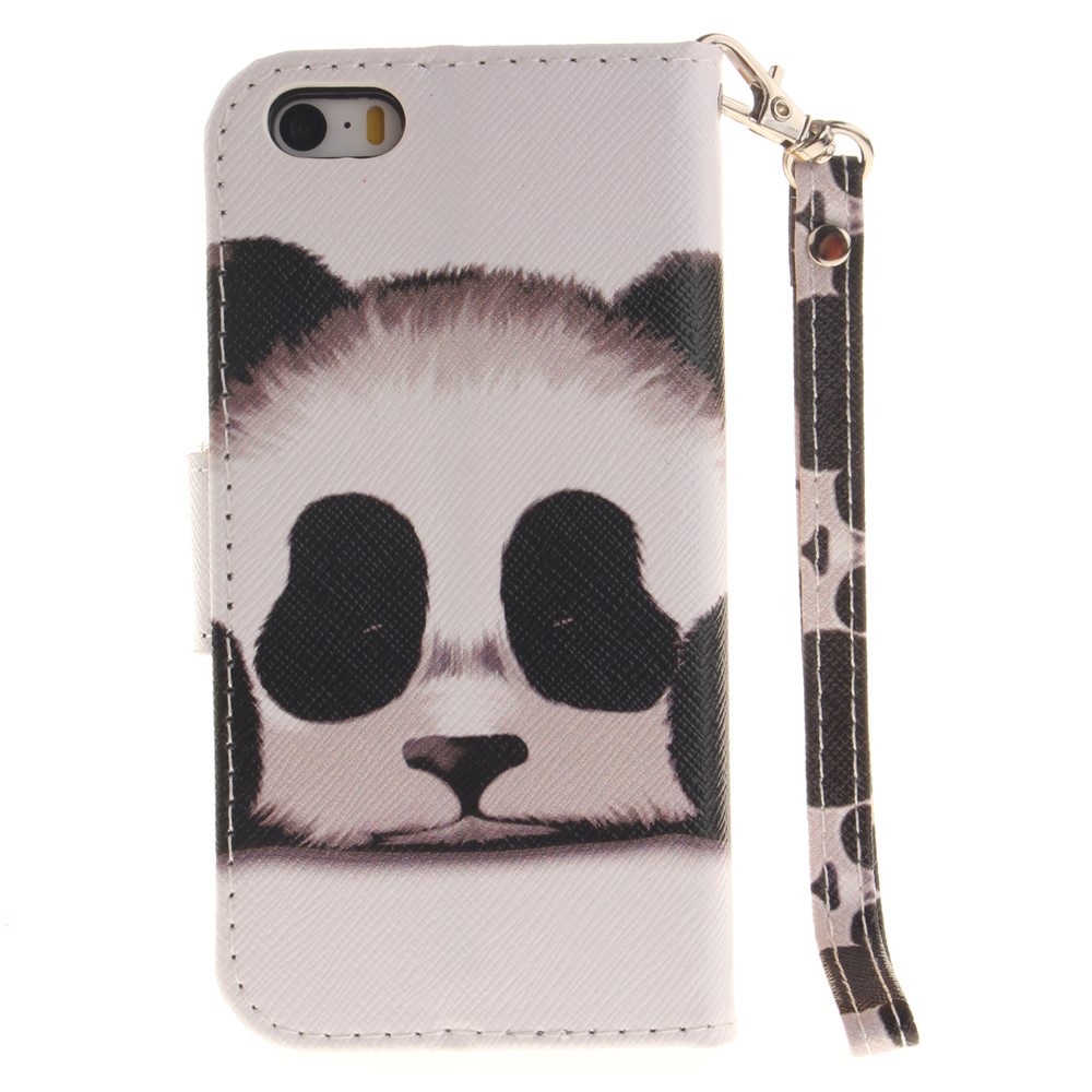 Soporte de Billetera de Cuero Estampado Para Iphone Se/5s/5 Con Correa de Muñeca - Panda