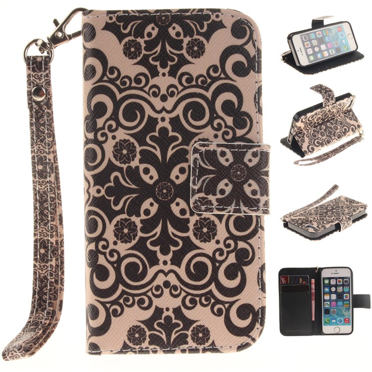 

Patterned Stand Leather Wallet Cover for iPhone SE/5s/5 with Handy Strap - Symmetrical Pattern