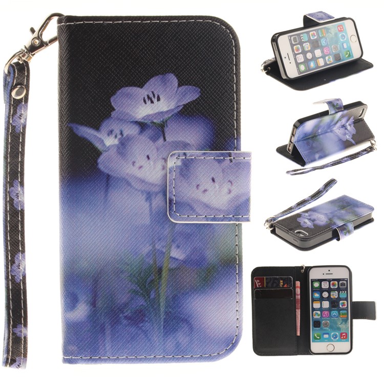 

Wallet Stand Leather Patterned Case for iPhone SE/5s/5 with Wrist Strap - Purple Flowers