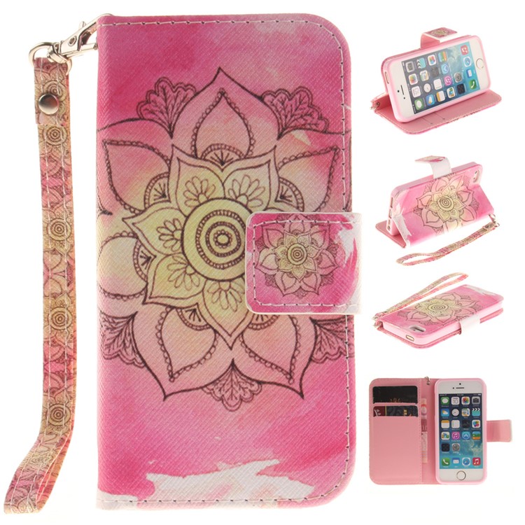 

Stand Leather Wallet Pattern Printing Case for iPhone SE/5s/5 with Wrist Strap - Henna Lotus