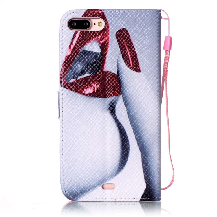 Patterned Wallet Leather Case for iPhone 8 Plus / 7 Plus 5.5 inch with Handy Strap - Red Lips-2