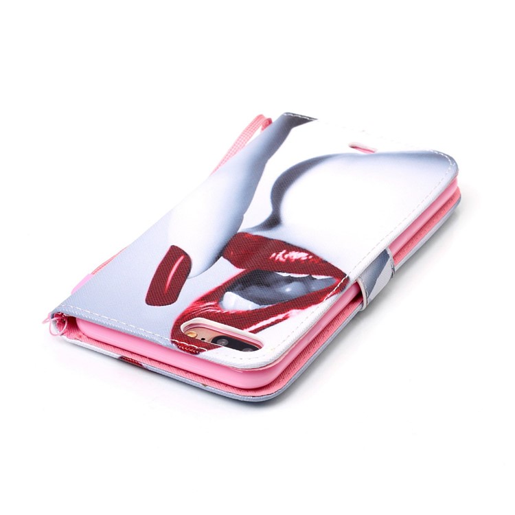 Patterned Wallet Leather Case for iPhone 8 Plus / 7 Plus 5.5 inch with Handy Strap - Red Lips-5