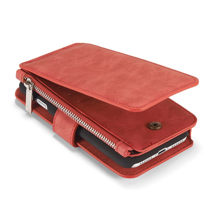 CASEME para iPhone 8 / 7 2-dentro-1 Destacável PC 14 Slots Genuine Split Leather Wallet Case Cover - vermelho-11