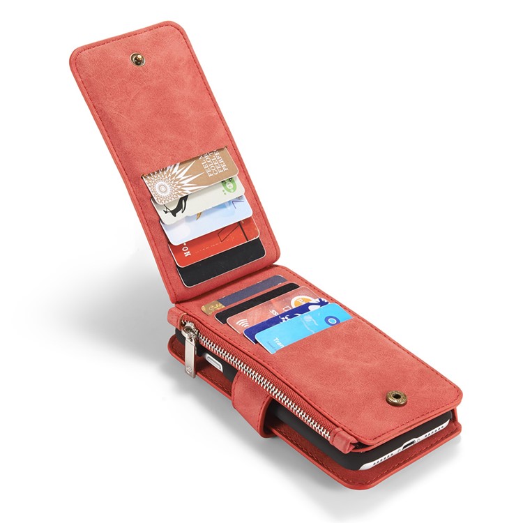 CASEME para iPhone 8 / 7 2-dentro-1 Destacável PC 14 Slots Genuine Split Leather Wallet Case Cover - vermelho-12