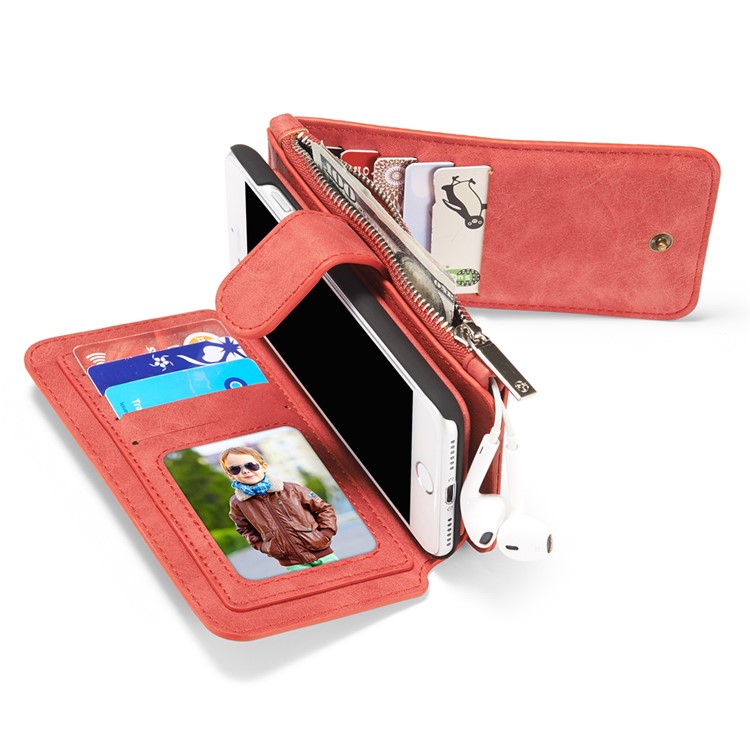 CASEME para iPhone 8 / 7 2-dentro-1 Destacável PC 14 Slots Genuine Split Leather Wallet Case Cover - vermelho-13
