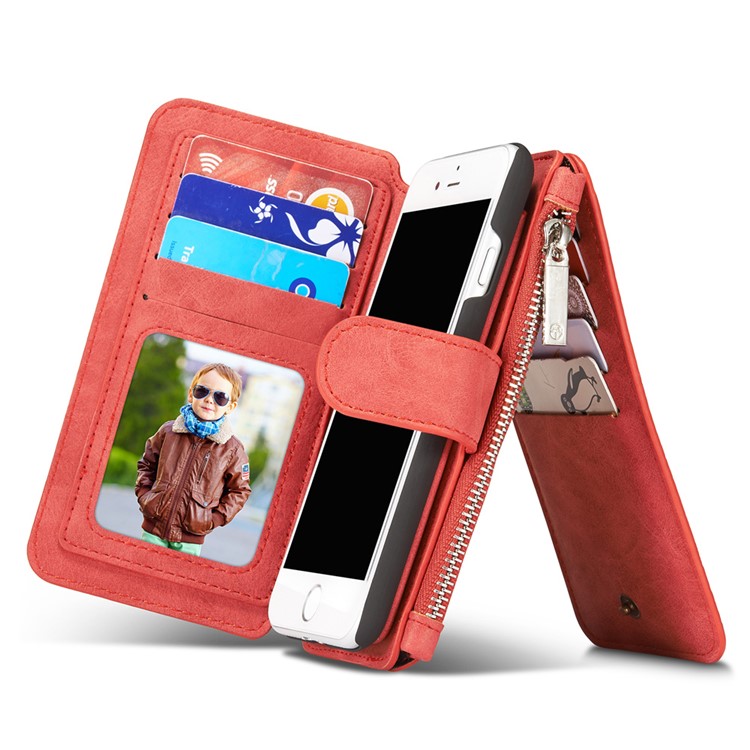 CASEME para iPhone 8 / 7 2-dentro-1 Destacável PC 14 Slots Genuine Split Leather Wallet Case Cover - vermelho-14