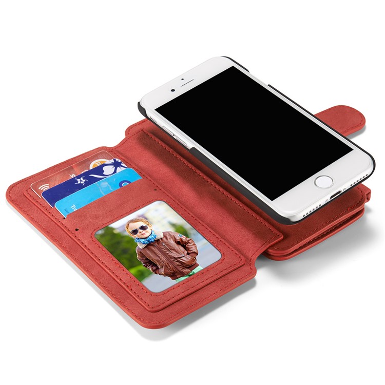 CASEME para iPhone 8 / 7 2-dentro-1 Destacável PC 14 Slots Genuine Split Leather Wallet Case Cover - vermelho-15