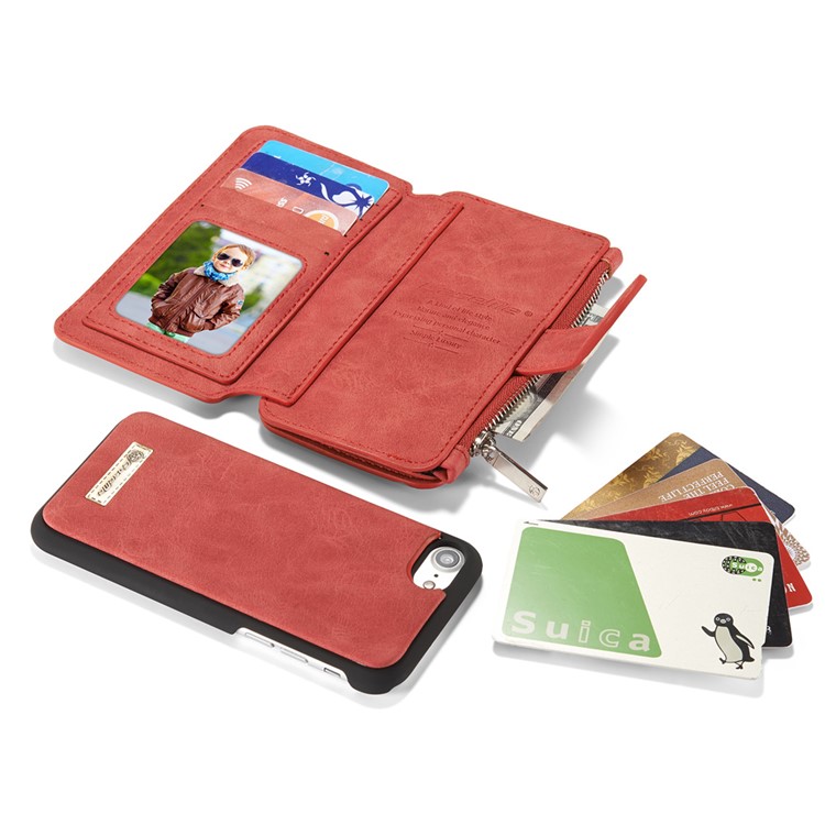CASEME para iPhone 8 / 7 2-dentro-1 Destacável PC 14 Slots Genuine Split Leather Wallet Case Cover - vermelho-17