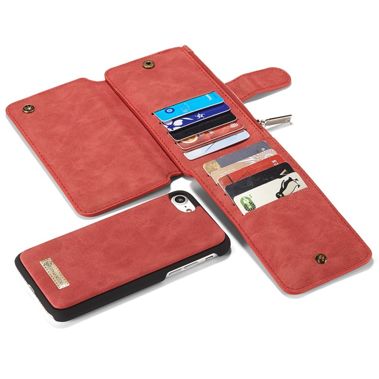 CASEME para iPhone 8 / 7 2-dentro-1 Destacável PC 14 Slots Genuine Split Leather Wallet Case Cover - vermelho-18