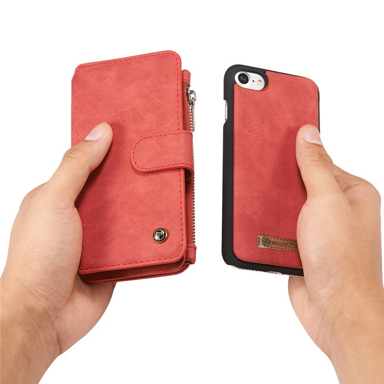 CASEME para iPhone 8 / 7 2-dentro-1 Destacável PC 14 Slots Genuine Split Leather Wallet Case Cover - vermelho-19