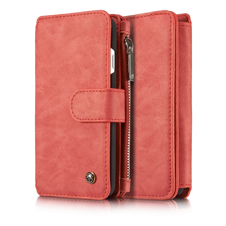 CASEME para iPhone 8 / 7 2-dentro-1 Destacável PC 14 Slots Genuine Split Leather Wallet Case Cover - vermelho-20