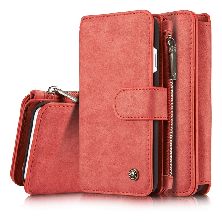 CASEME para iPhone 8 / 7 2-dentro-1 Destacável PC 14 Slots Genuine Split Leather Wallet Case Cover - vermelho-21
