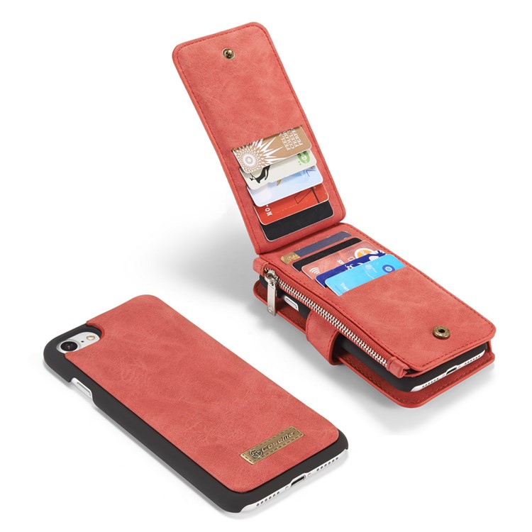 CASEME para iPhone 8 / 7 2-dentro-1 Destacável PC 14 Slots Genuine Split Leather Wallet Case Cover - vermelho-22