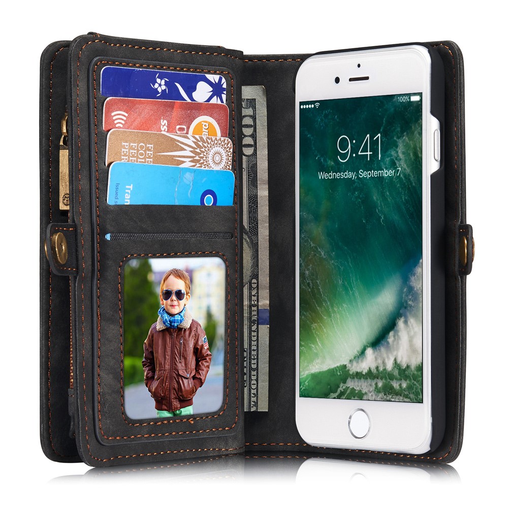 CASEME 2-en-1 Multi-ranura Cartera Vintage Split Funda de Cuero para iPhone 8/7 4.7 pulgadas - Gris-5