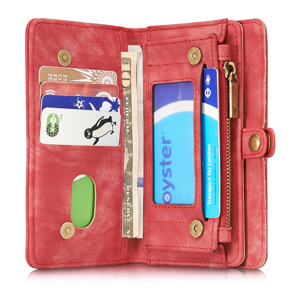 CASEME Multi-slot Portefeuille 2-en-1 PC Vintage Cuir Croûte Couverture Pour Iphone 8 / 7 4,7 Pouces - Rouge-10