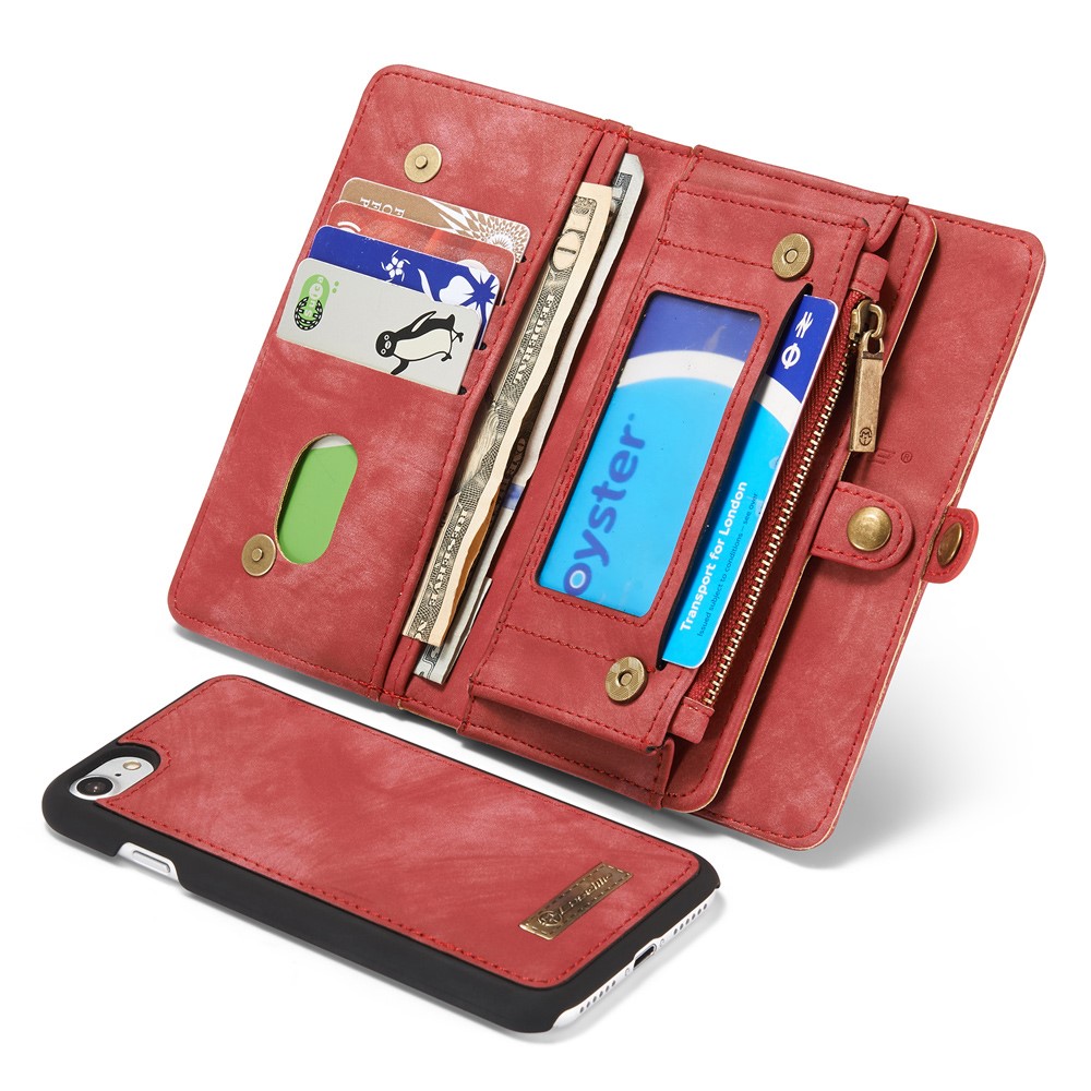 CASEME Multi-slot Portefeuille 2-en-1 PC Vintage Cuir Croûte Couverture Pour Iphone 8 / 7 4,7 Pouces - Rouge-12