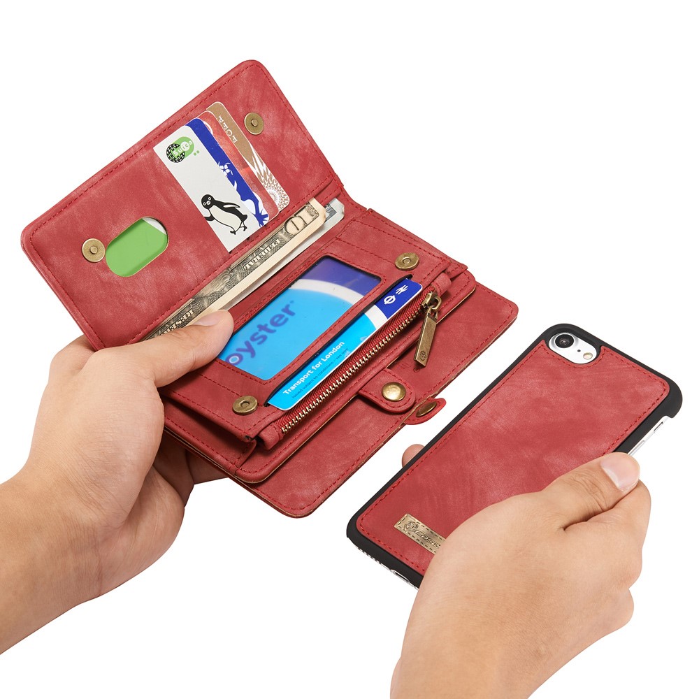CASEME Multi-slot Portefeuille 2-en-1 PC Vintage Cuir Croûte Couverture Pour Iphone 8 / 7 4,7 Pouces - Rouge-13