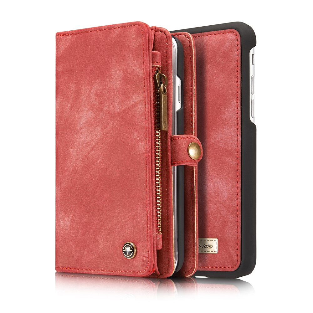 CASEME Multi-slot Portefeuille 2-en-1 PC Vintage Cuir Croûte Couverture Pour Iphone 8 / 7 4,7 Pouces - Rouge-14