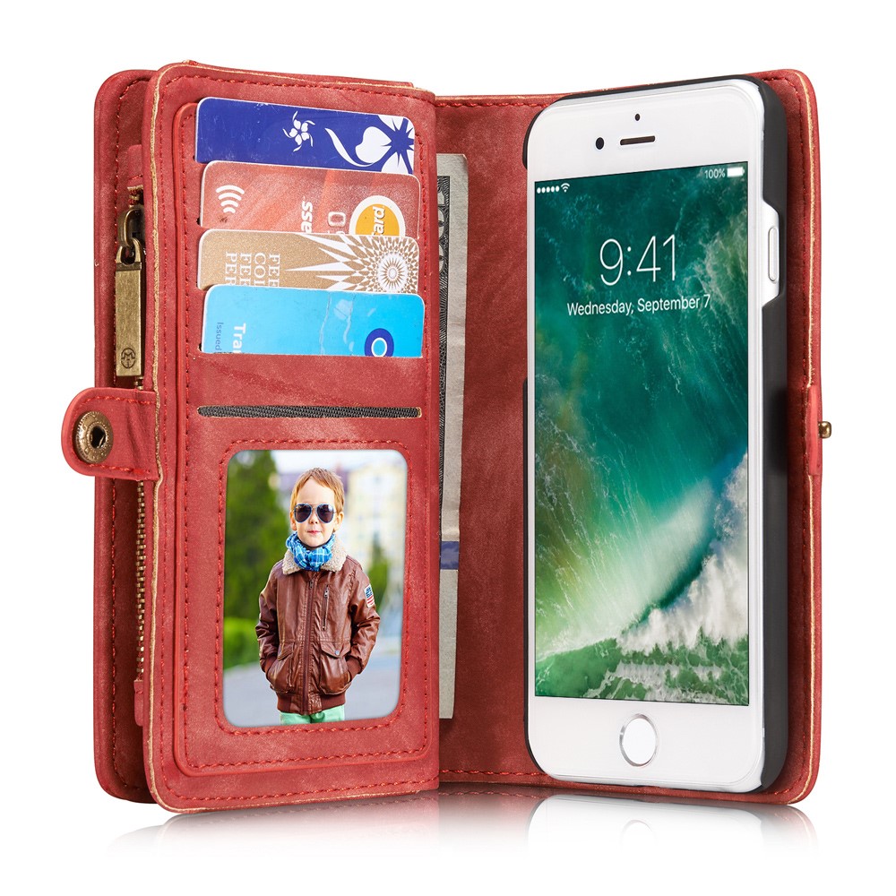 CASEME Multi-slot Portefeuille 2-en-1 PC Vintage Cuir Croûte Couverture Pour Iphone 8 / 7 4,7 Pouces - Rouge-5