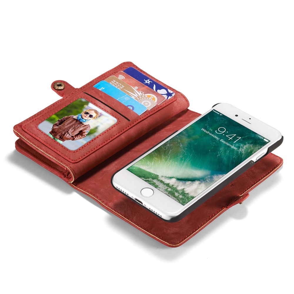 CASEME Multi-slot Portefeuille 2-en-1 PC Vintage Cuir Croûte Couverture Pour Iphone 8 / 7 4,7 Pouces - Rouge-6