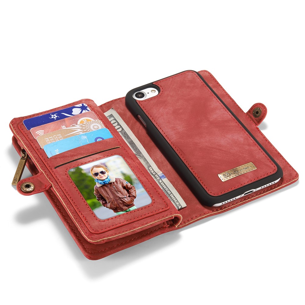 CASEME Multi-slot Portefeuille 2-en-1 PC Vintage Cuir Croûte Couverture Pour Iphone 8 / 7 4,7 Pouces - Rouge-7