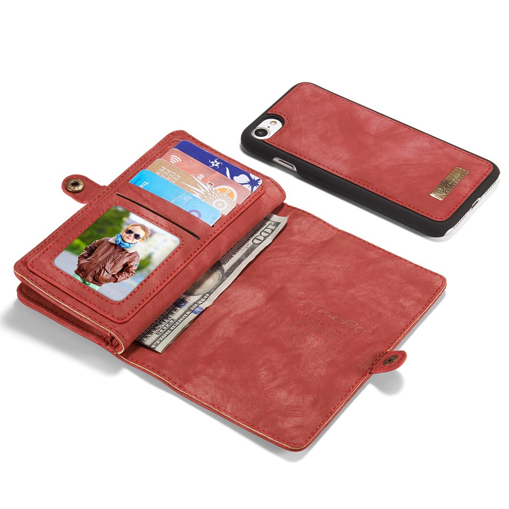CASEME Multi-slot Portefeuille 2-en-1 PC Vintage Cuir Croûte Couverture Pour Iphone 8 / 7 4,7 Pouces - Rouge-8