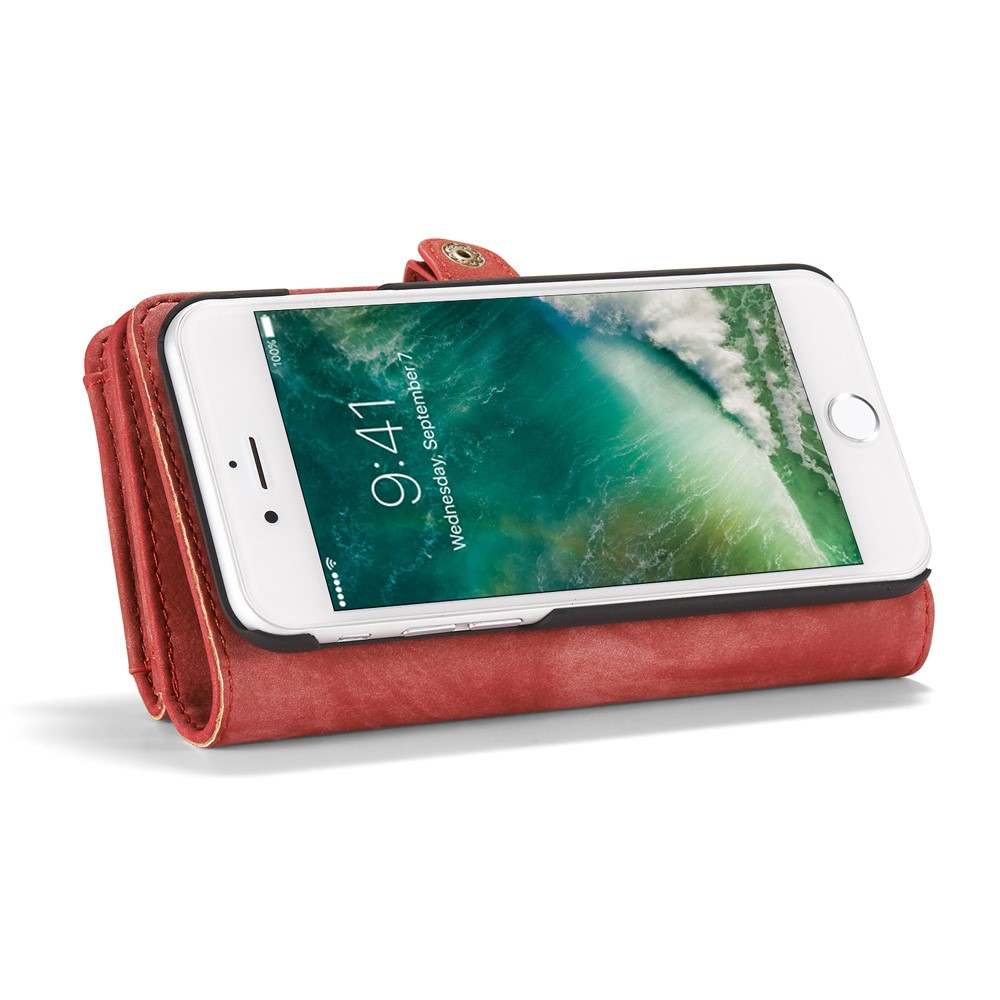 CASEME Multi-slot Portefeuille 2-en-1 PC Vintage Cuir Croûte Couverture Pour Iphone 8 / 7 4,7 Pouces - Rouge-9